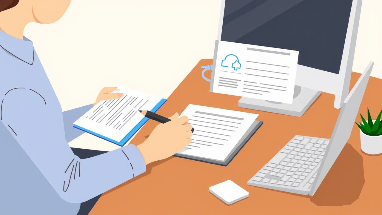 Illustration of someone filling out forms or using a computer for online applications